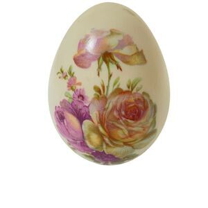 Vintage 70s Eggzakly Ivory Porcelain Floral Print Egg Shape Collectible Figurine